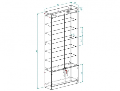 Витрина эконом 6, 5 полок, задняя стенка зеркало, 2100х900х300 (ВхШхГ)