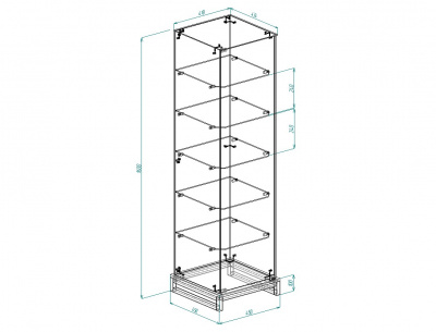 Витрина лофт 2 1600х450х450, 5 полок, заднее стекло