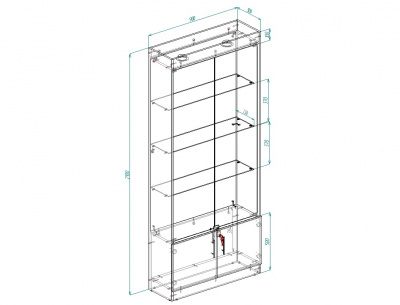 Витрина эконом 5, 3 полки, задняя стенка зеркало 2100х900х300 (ВхШхГ)