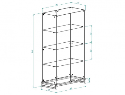 Витрина лофт 5, 1600х900х450, 3 полки, заднее стекло