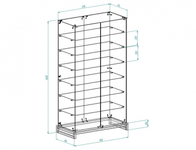 Витрина лофт 10, 1600х900х450, 6 полок, заднее зеркало