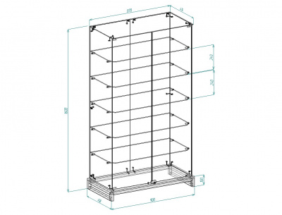 Витрина лофт 8, 1600х900х450, 5 полок, заднее зеркало