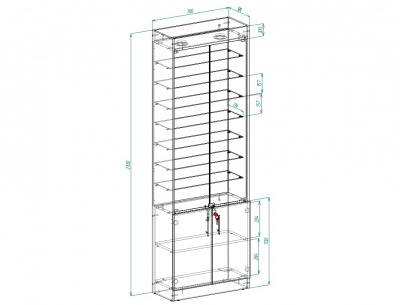 Витрина эконом 20, 7 полок, задняя стенка двп, 2100х700х300 (ВхШхГ)