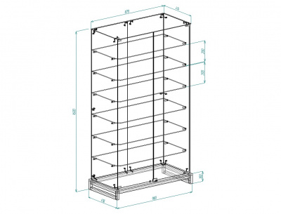 Витрина лофт 9, 1600х900х450, 6 полок, заднее стекло